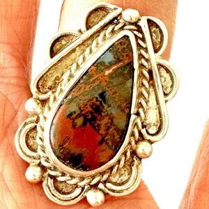 VTG Navajo Agate Ring Sz 7 Sterling Old Pear 1960s Unique Native American